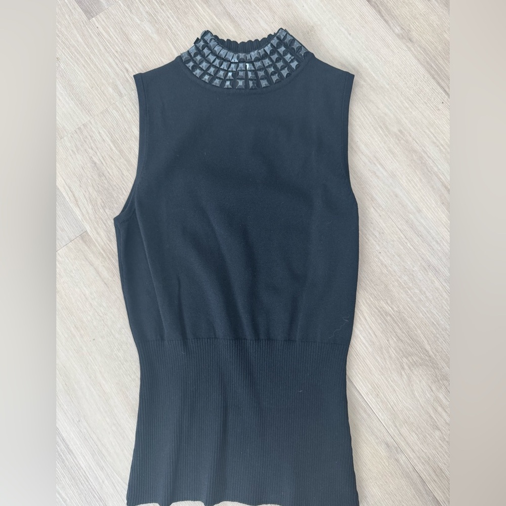 Cache Black Sleeveless Top with Studded Collar